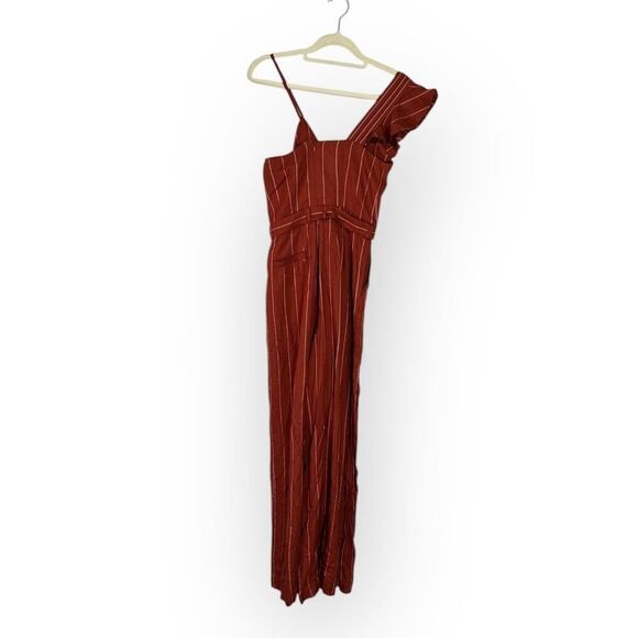 Three Floor Margaux Jumpsuit Womens 4 Burnt Orange Linen Striped Ruffle NWT - Picture 4 of 9